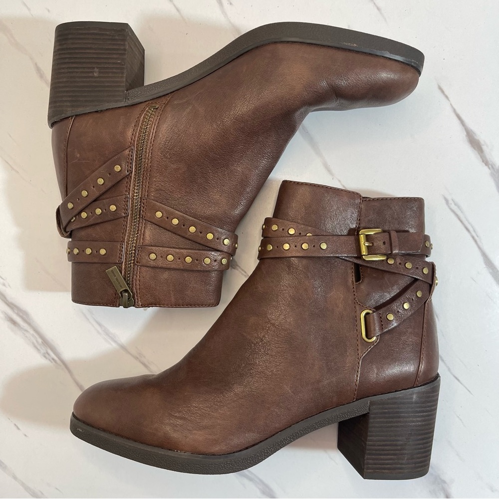 Michael Kors Brown Leather Ankle Boots with Gold Studs Buckle details 11 Western - Picture 3 of 10